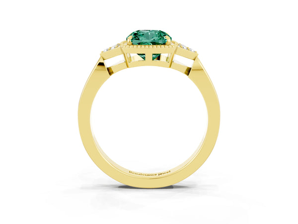 Yellow gold Cushion Cut Green Sapphire Halo Ring with Tapered Band and Four-Prong Setting