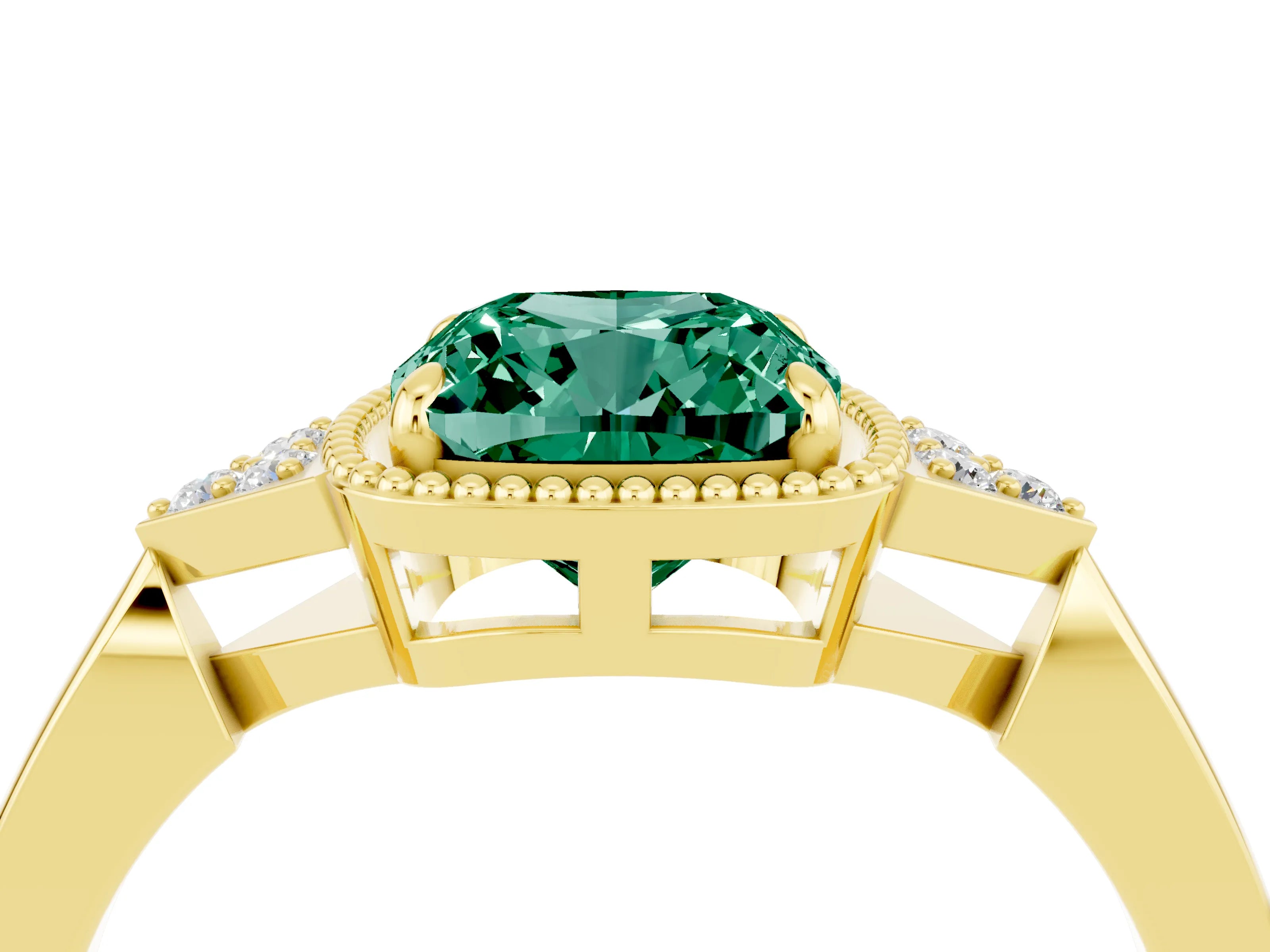 Yellow gold Cushion Cut Green Sapphire Halo Ring with Tapered Band and Four-Prong Setting_4