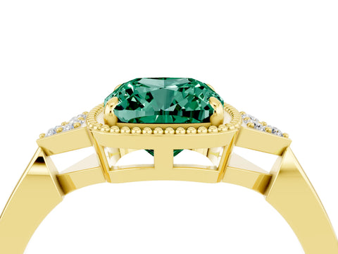 Yellow gold Cushion Cut Green Sapphire Halo Ring with Tapered Band and Four-Prong Setting_4