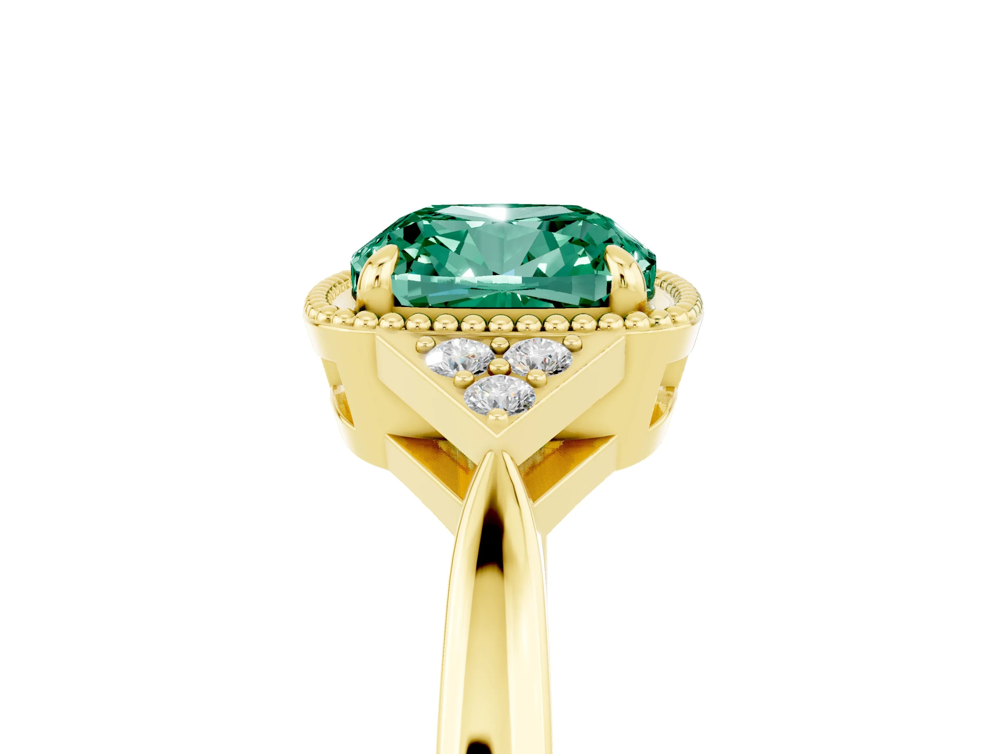 Yellow gold Cushion Cut Green Sapphire Halo Ring with Tapered Band and Four-Prong Setting_5