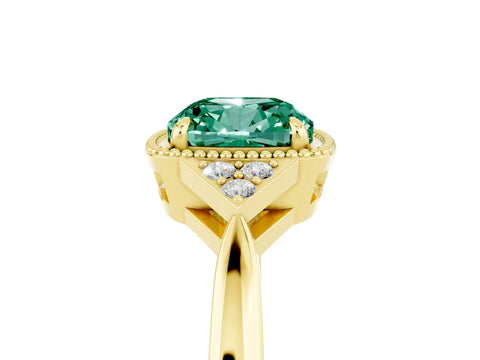 Yellow gold Cushion Cut Green Sapphire Halo Ring with Tapered Band and Four-Prong Setting_5