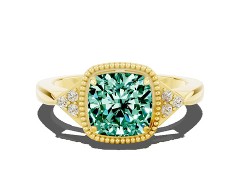 Yellow gold Cushion Cut Green Sapphire Halo Ring with Tapered Band and Four-Prong Setting