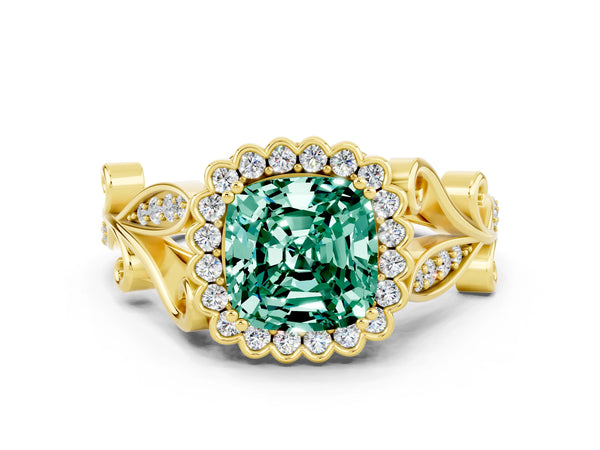 Yellow gold Cushion Cut Green Sapphire Halo Ring with Vintage Split Shank and Four-Prong Setting