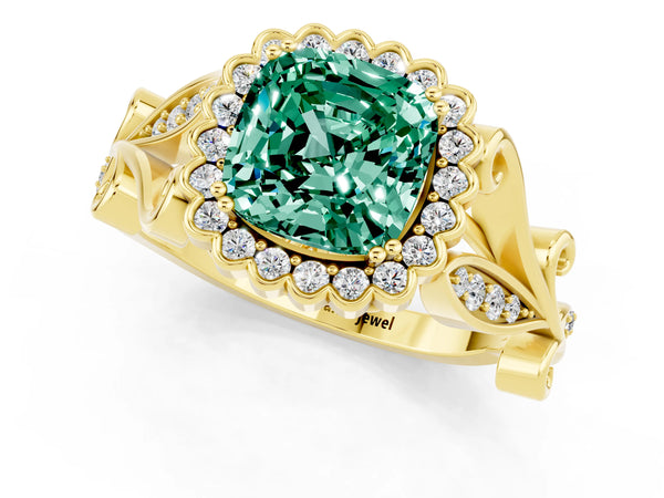 Yellow gold Cushion Cut Green Sapphire Halo Ring with Vintage Split Shank and Four-Prong Setting