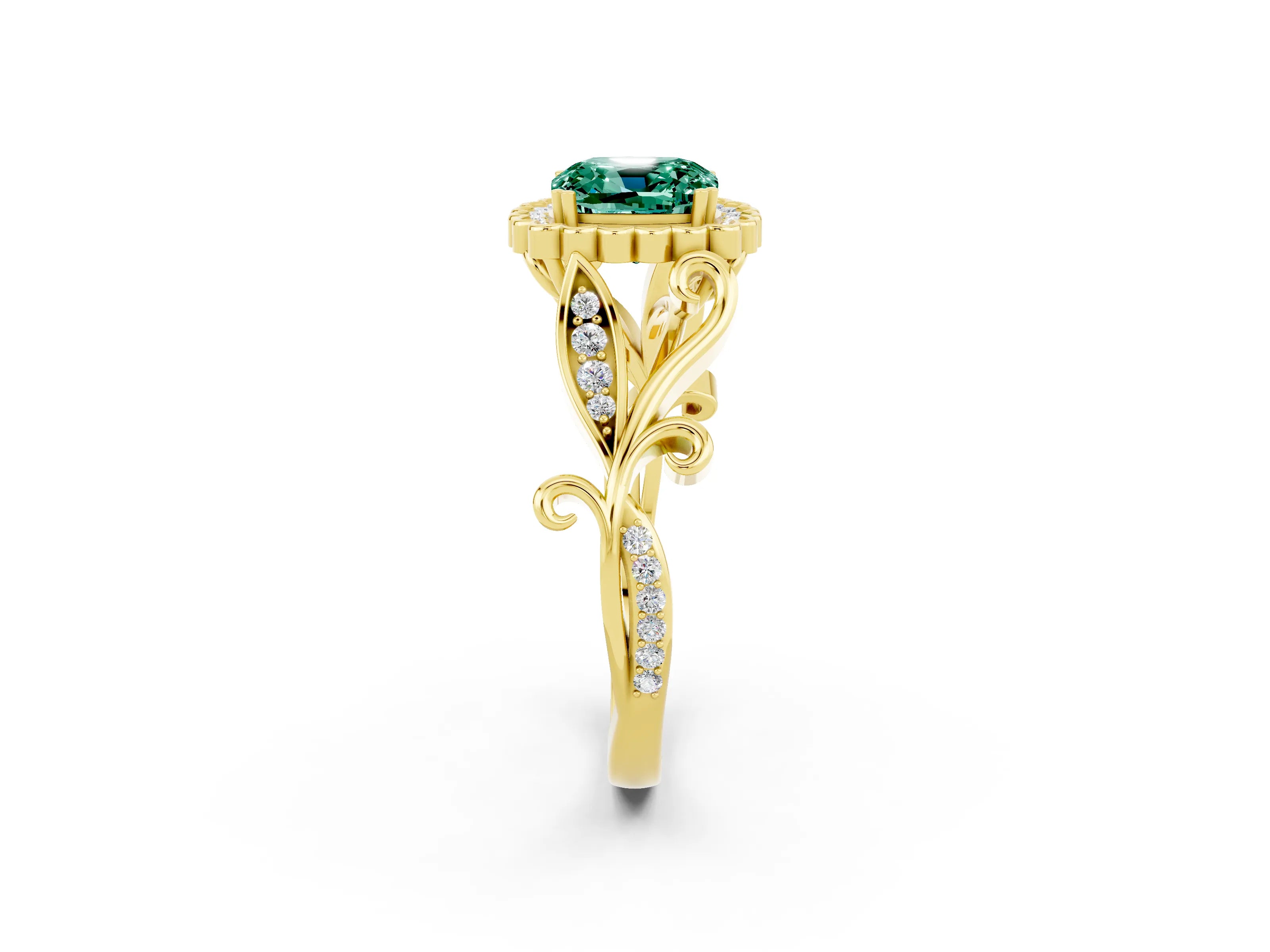 Yellow gold Cushion Cut Green Sapphire Halo Ring with Vintage Split Shank and Four-Prong Setting_2