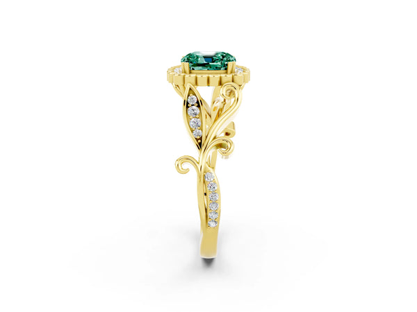 Yellow gold Cushion Cut Green Sapphire Halo Ring with Vintage Split Shank and Four-Prong Setting