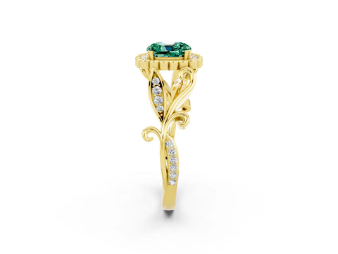 Yellow gold Cushion Cut Green Sapphire Halo Ring with Vintage Split Shank and Four-Prong Setting_2