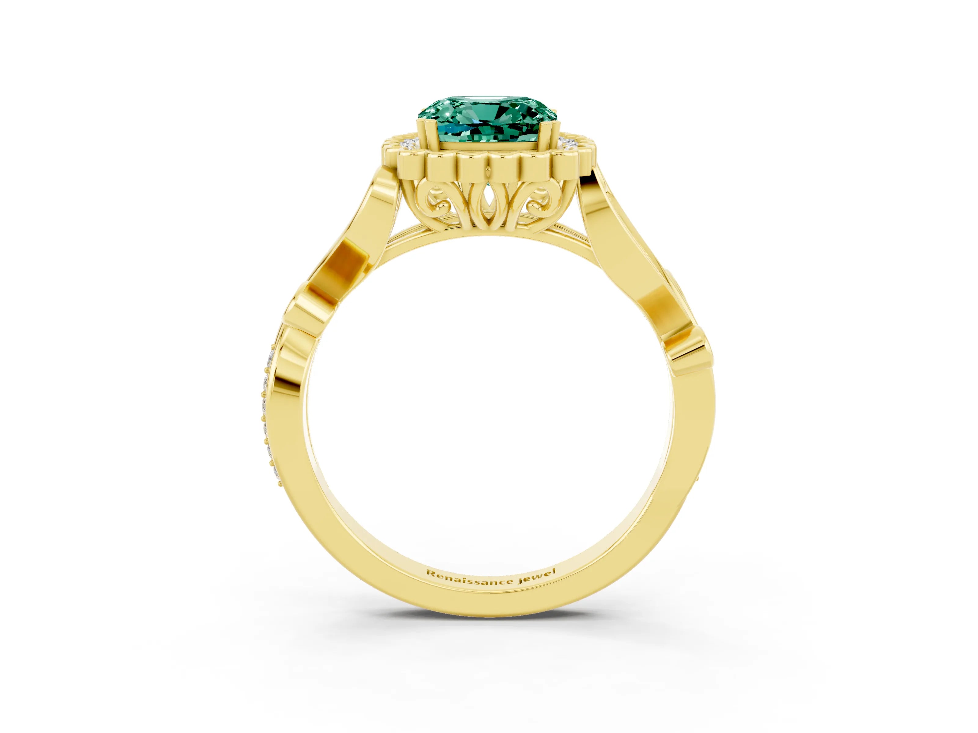Yellow gold Cushion Cut Green Sapphire Halo Ring with Vintage Split Shank and Four-Prong Setting_3