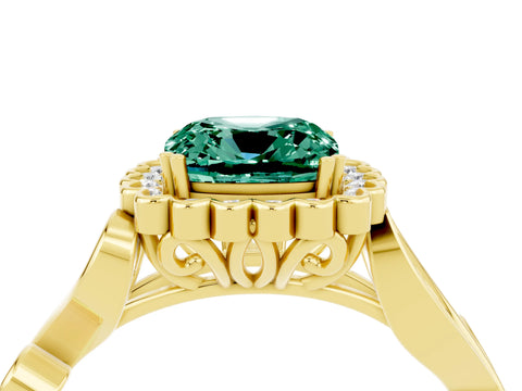 Yellow gold Cushion Cut Green Sapphire Halo Ring with Vintage Split Shank and Four-Prong Setting_4