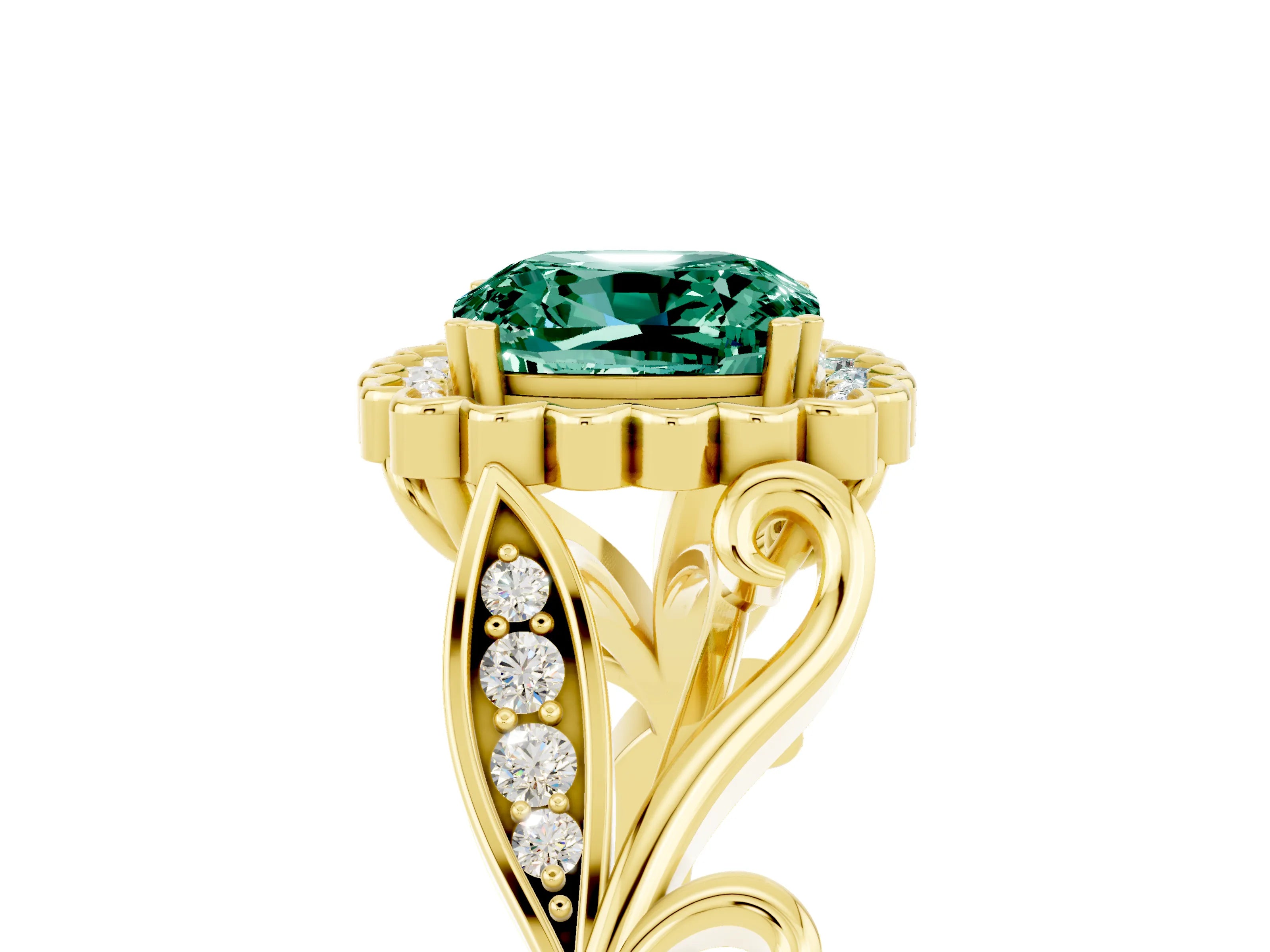 Yellow gold Cushion Cut Green Sapphire Halo Ring with Vintage Split Shank and Four-Prong Setting_5
