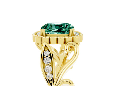 Yellow gold Cushion Cut Green Sapphire Halo Ring with Vintage Split Shank and Four-Prong Setting_5