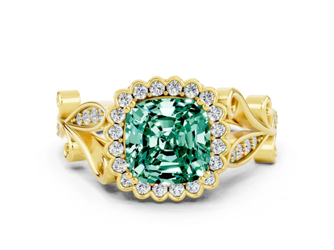 Yellow gold Cushion Cut Green Sapphire Halo Ring with Vintage Split Shank and Four-Prong Setting