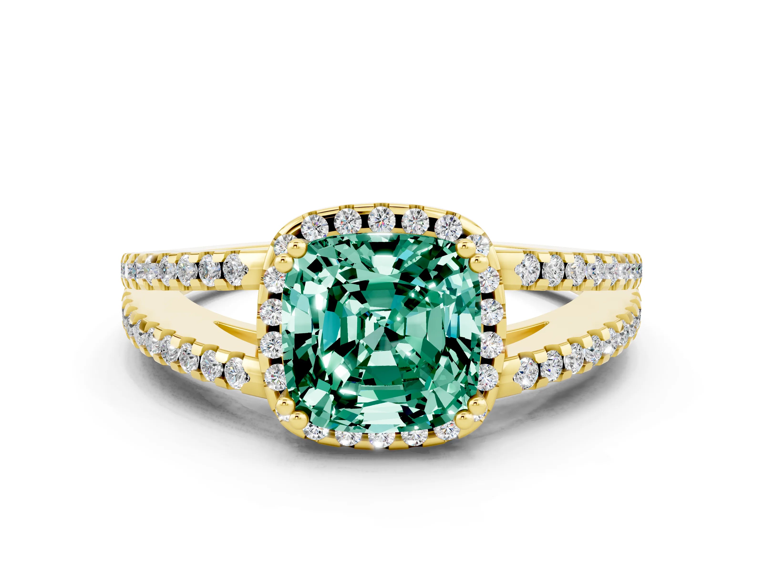 Yellow gold Cushion Cut Green Sapphire Halo Split Shank Engagement Ring_12
