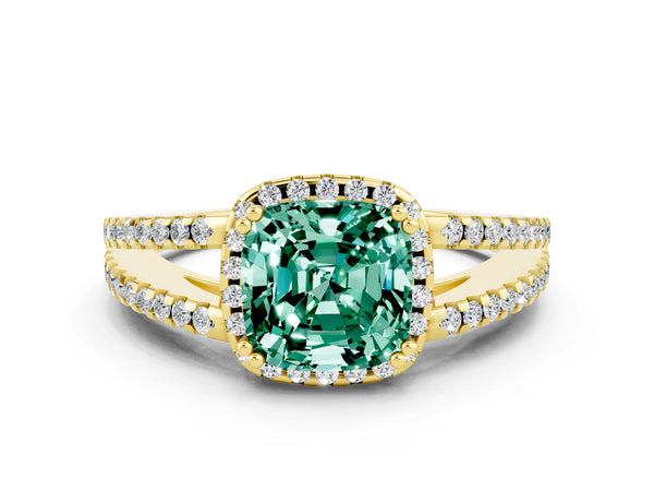 Yellow gold Cushion Cut Green Sapphire Halo Split Shank Engagement Ring