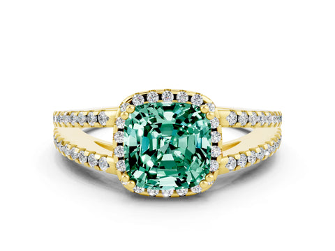 Yellow gold Cushion Cut Green Sapphire Halo Split Shank Engagement Ring_12
