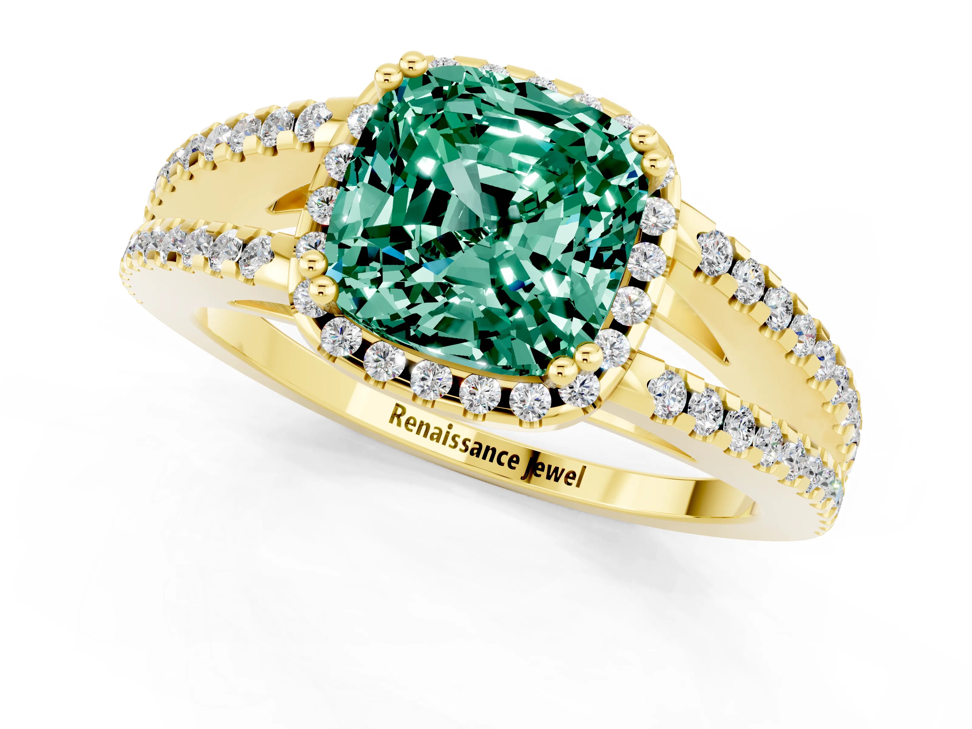 Yellow gold Cushion Cut Green Sapphire Halo Split Shank Engagement Ring_13
