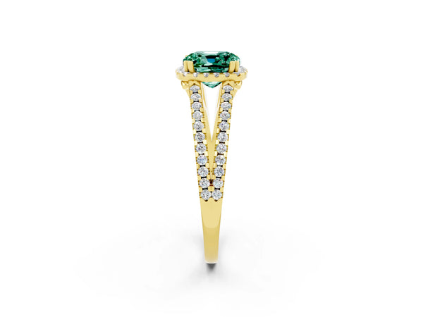 Yellow gold Cushion Cut Green Sapphire Halo Split Shank Engagement Ring