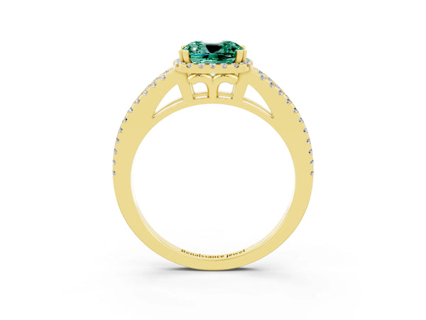 Yellow gold Cushion Cut Green Sapphire Halo Split Shank Engagement Ring