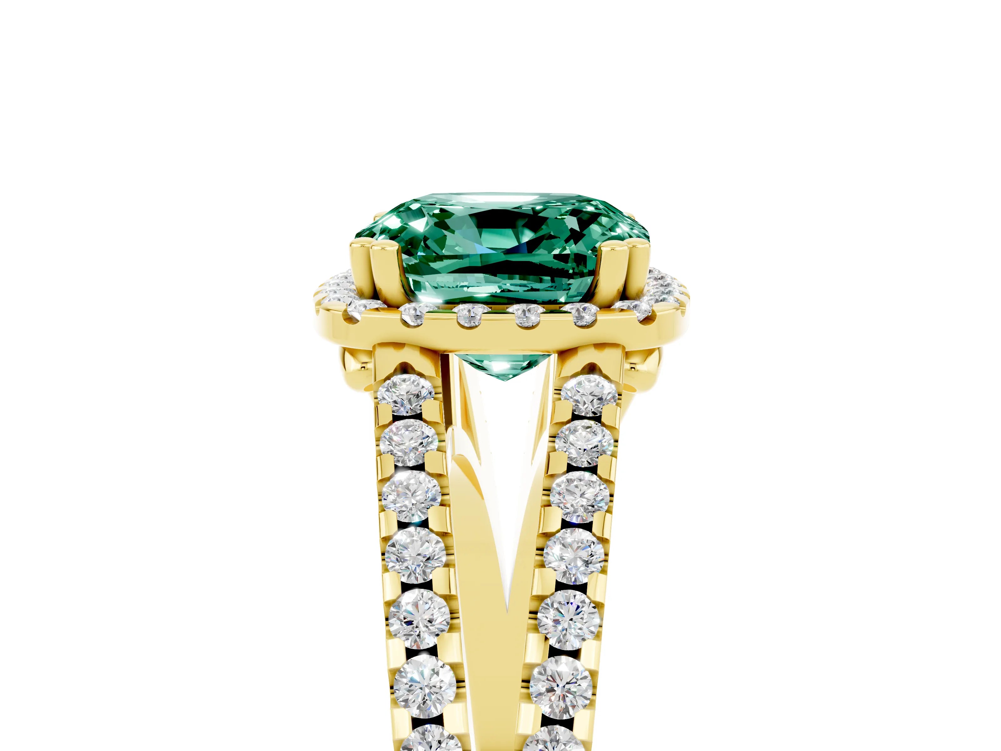 Yellow gold Cushion Cut Green Sapphire Halo Split Shank Engagement Ring_17