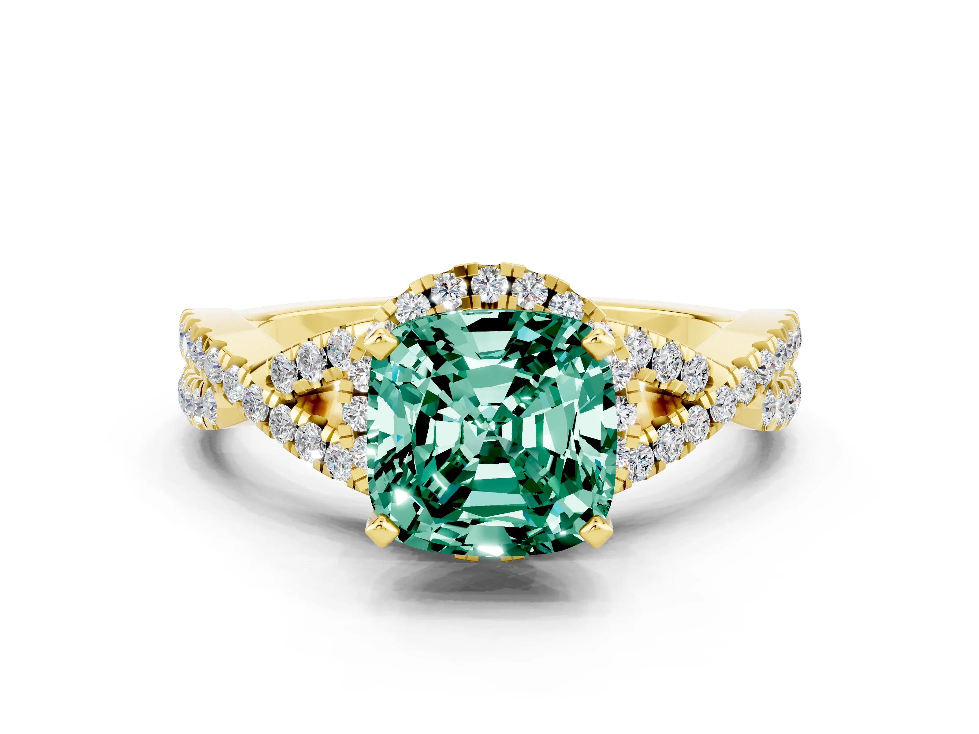 Yellow gold Cushion Cut Green Sapphire Halo Twist Band Solitaire Prong Setting Ring