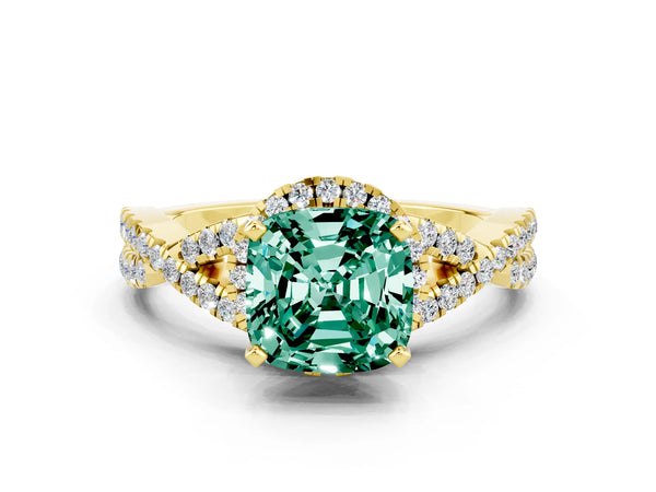 Yellow gold Cushion Cut Green Sapphire  Halo Twist Band Solitaire Prong Setting Ring