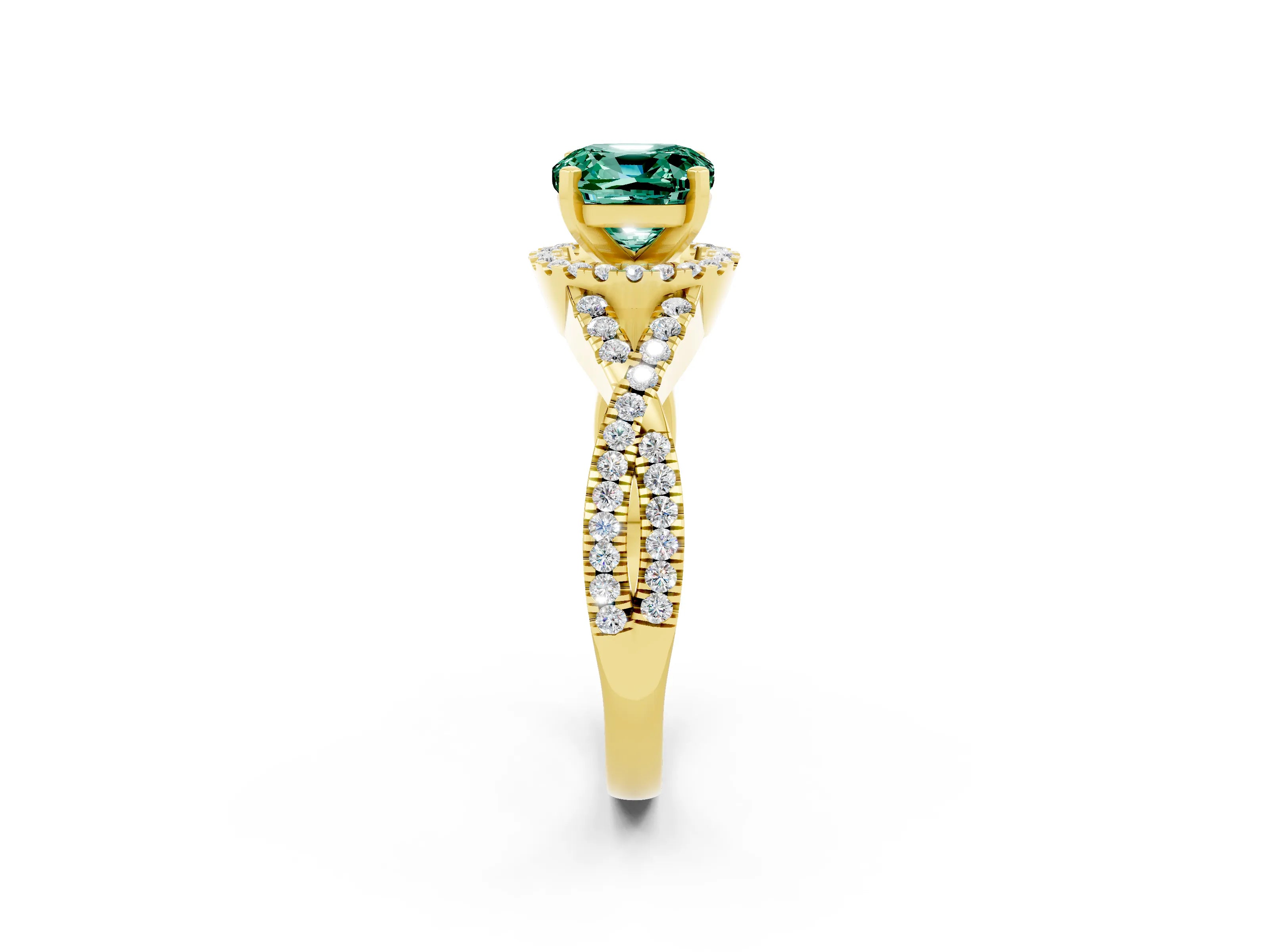 Yellow gold Cushion Cut Green Sapphire Halo Twist Band Solitaire Prong Setting Ring_2