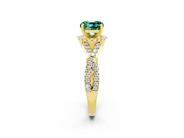 Yellow gold Cushion Cut Green Sapphire  Halo Twist Band Solitaire Prong Setting Ring