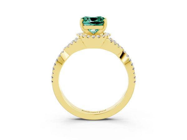 Yellow gold Cushion Cut Green Sapphire  Halo Twist Band Solitaire Prong Setting Ring