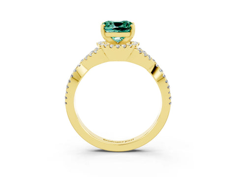 Yellow gold Cushion Cut Green Sapphire Halo Twist Band Solitaire Prong Setting Ring_3