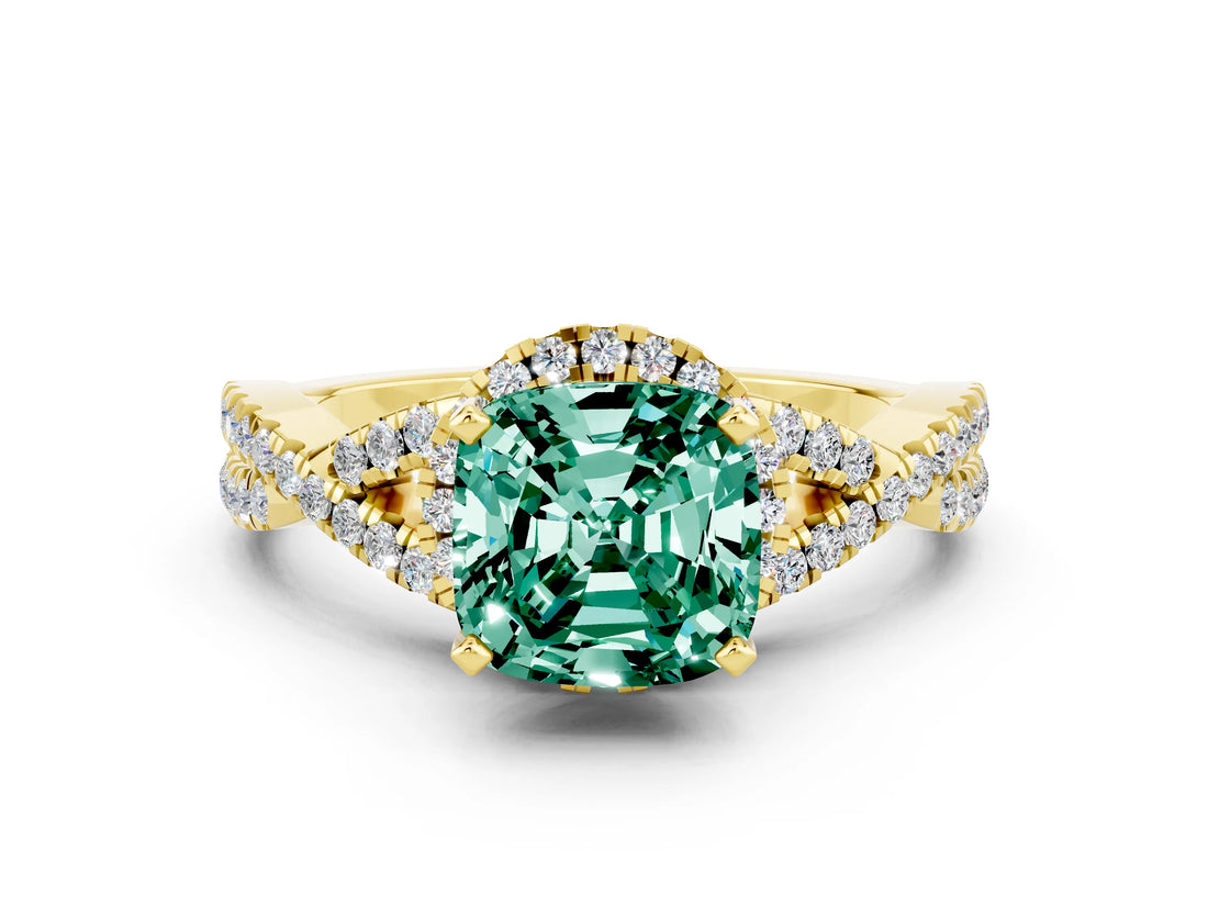 Yellow gold Cushion Cut Green Sapphire  Halo Twist Band Solitaire Prong Setting Ring_42