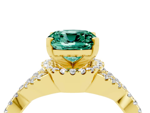 Yellow gold Cushion Cut Green Sapphire Halo Twist Band Solitaire Prong Setting Ring_4