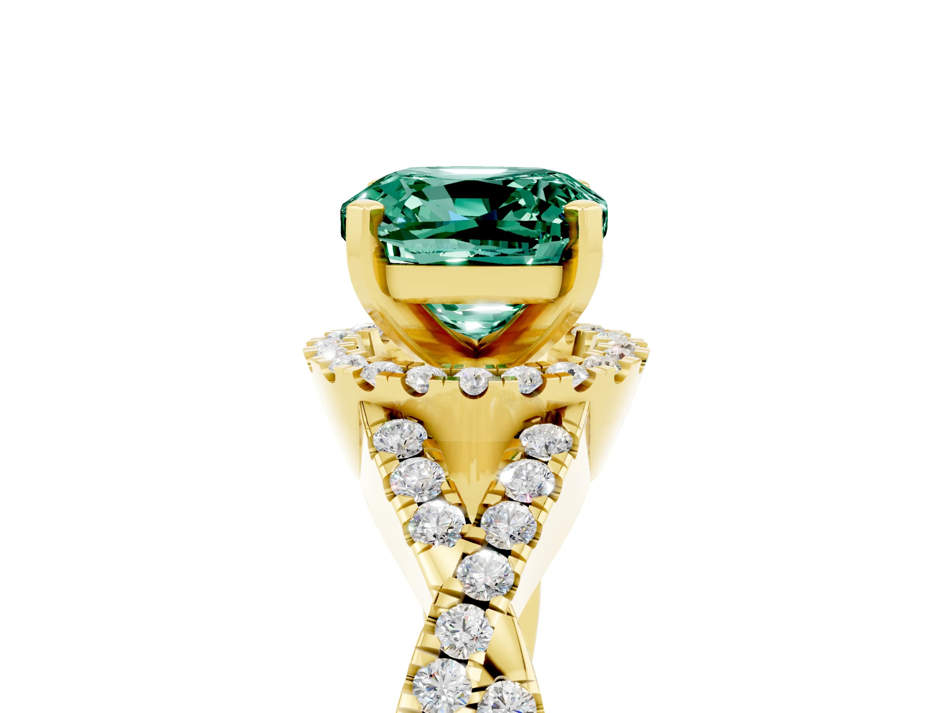 Yellow gold Cushion Cut Green Sapphire Halo Twist Band Solitaire Prong Setting Ring_5