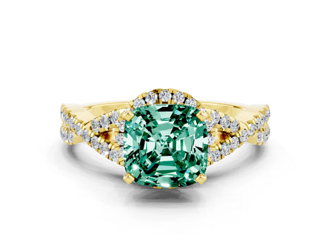 Yellow gold Cushion Cut Green Sapphire Halo Twist Band Solitaire Prong Setting Ring