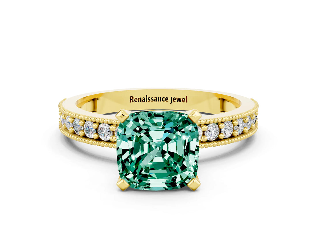 Yellow gold Cushion Cut Green Sapphire Milgrain Pavé Engagement Ring with Four-Prong Setting_12