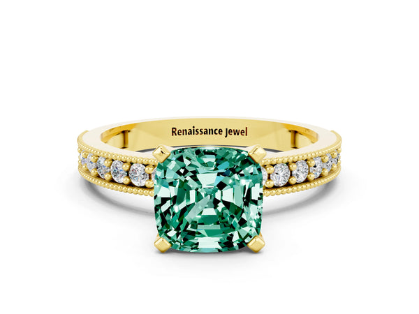 Yellow gold Cushion Cut Green Sapphire Milgrain Pavé Engagement Ring with Four-Prong Setting