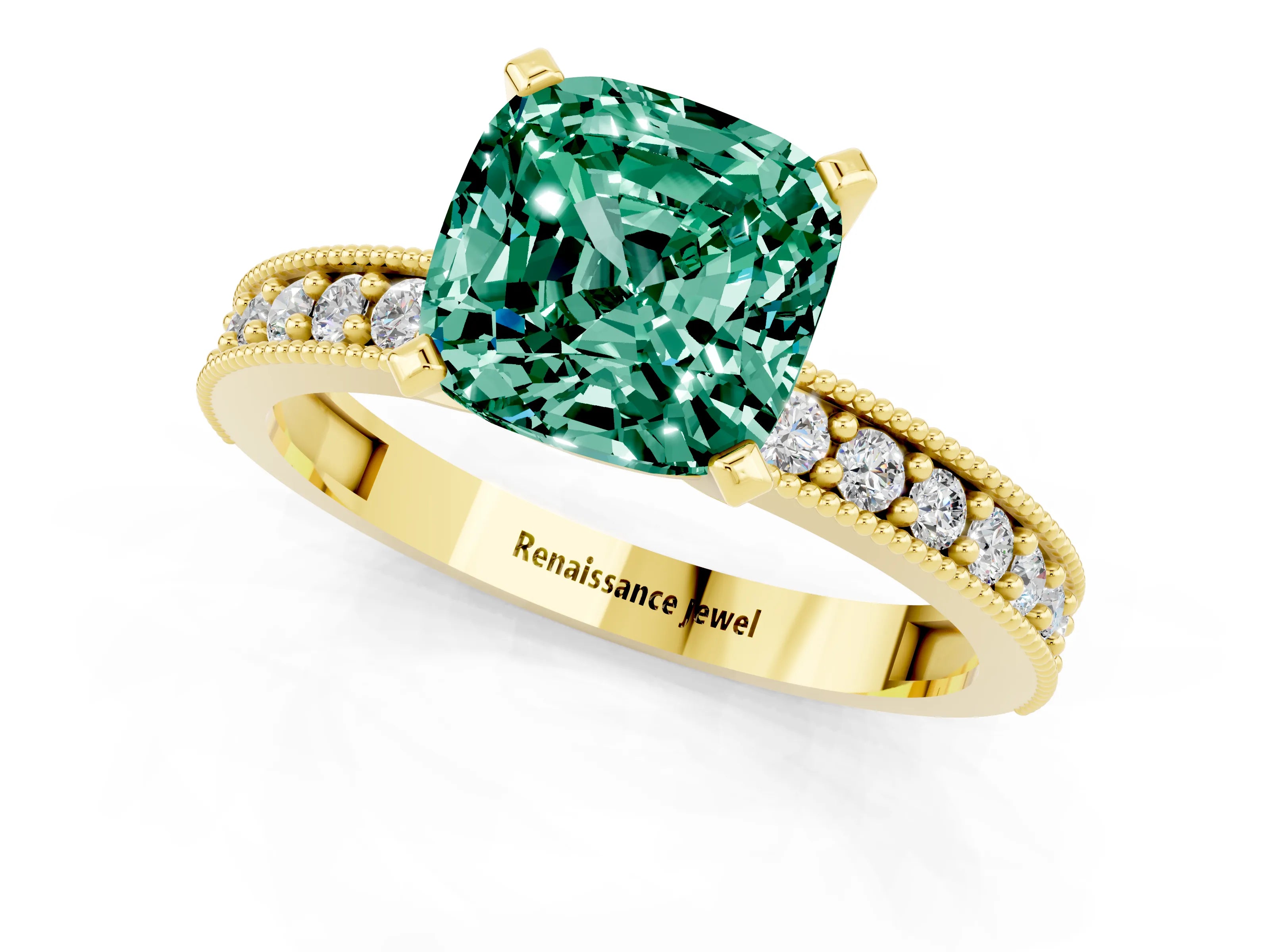 Yellow gold Cushion Cut Green Sapphire Milgrain Pavé Engagement Ring with Four-Prong Setting_13