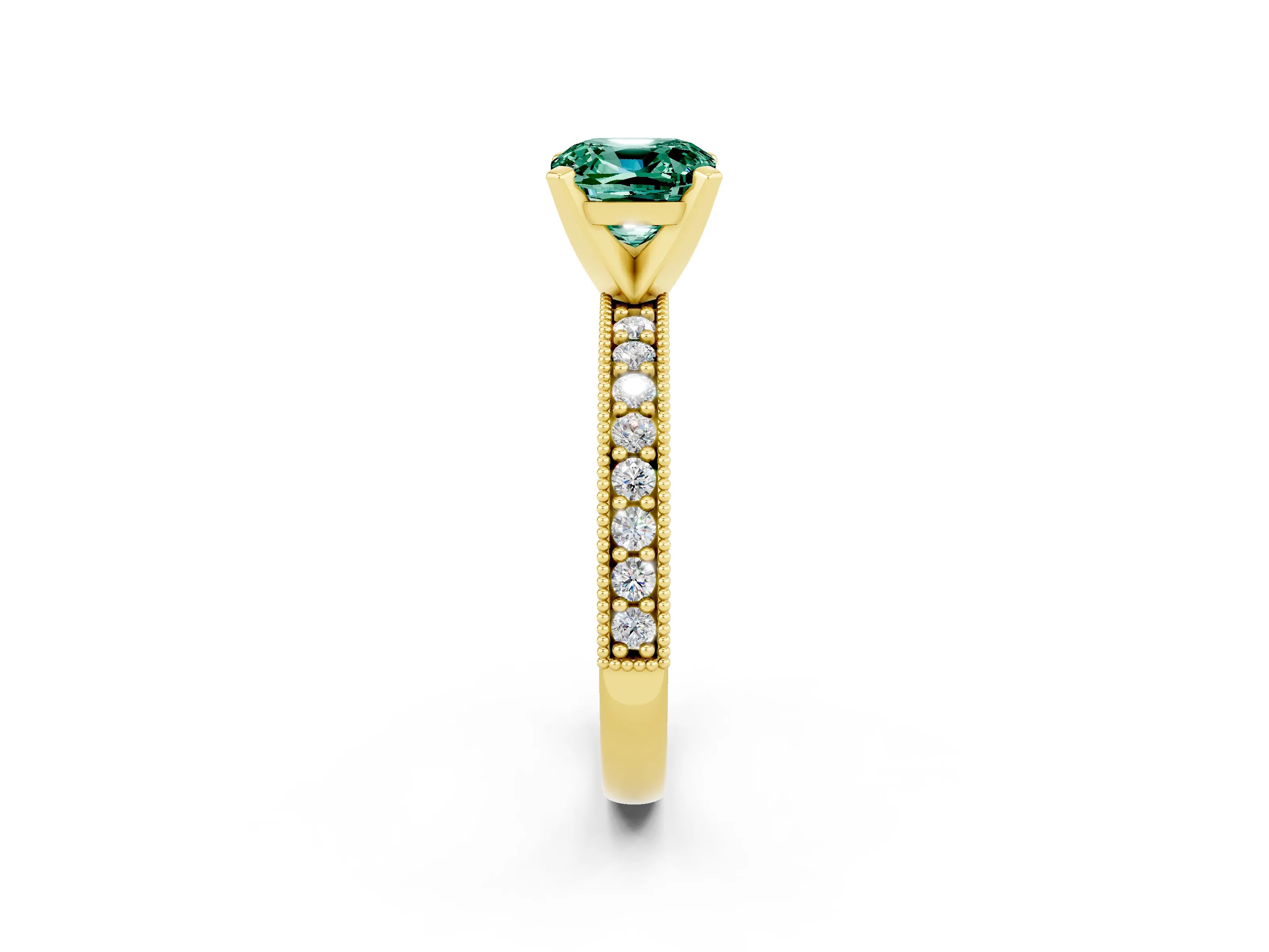 Yellow gold Cushion Cut Green Sapphire Milgrain Pavé Engagement Ring with Four-Prong Setting_14