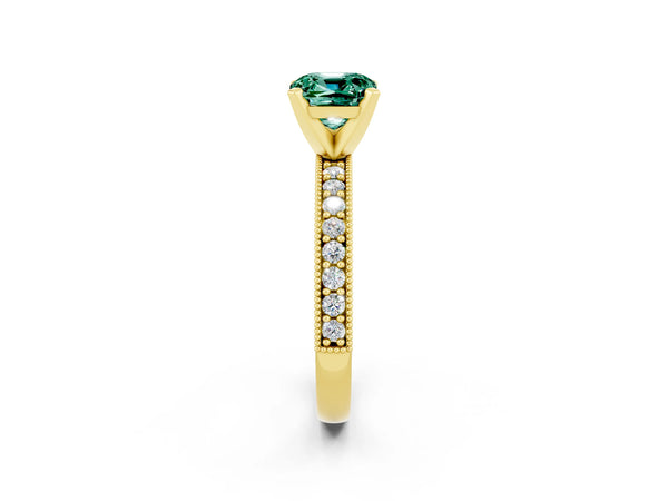 Yellow gold Cushion Cut Green Sapphire Milgrain Pavé Engagement Ring with Four-Prong Setting