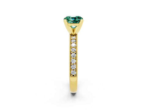 Yellow gold Cushion Cut Green Sapphire Milgrain Pavé Engagement Ring with Four-Prong Setting_14