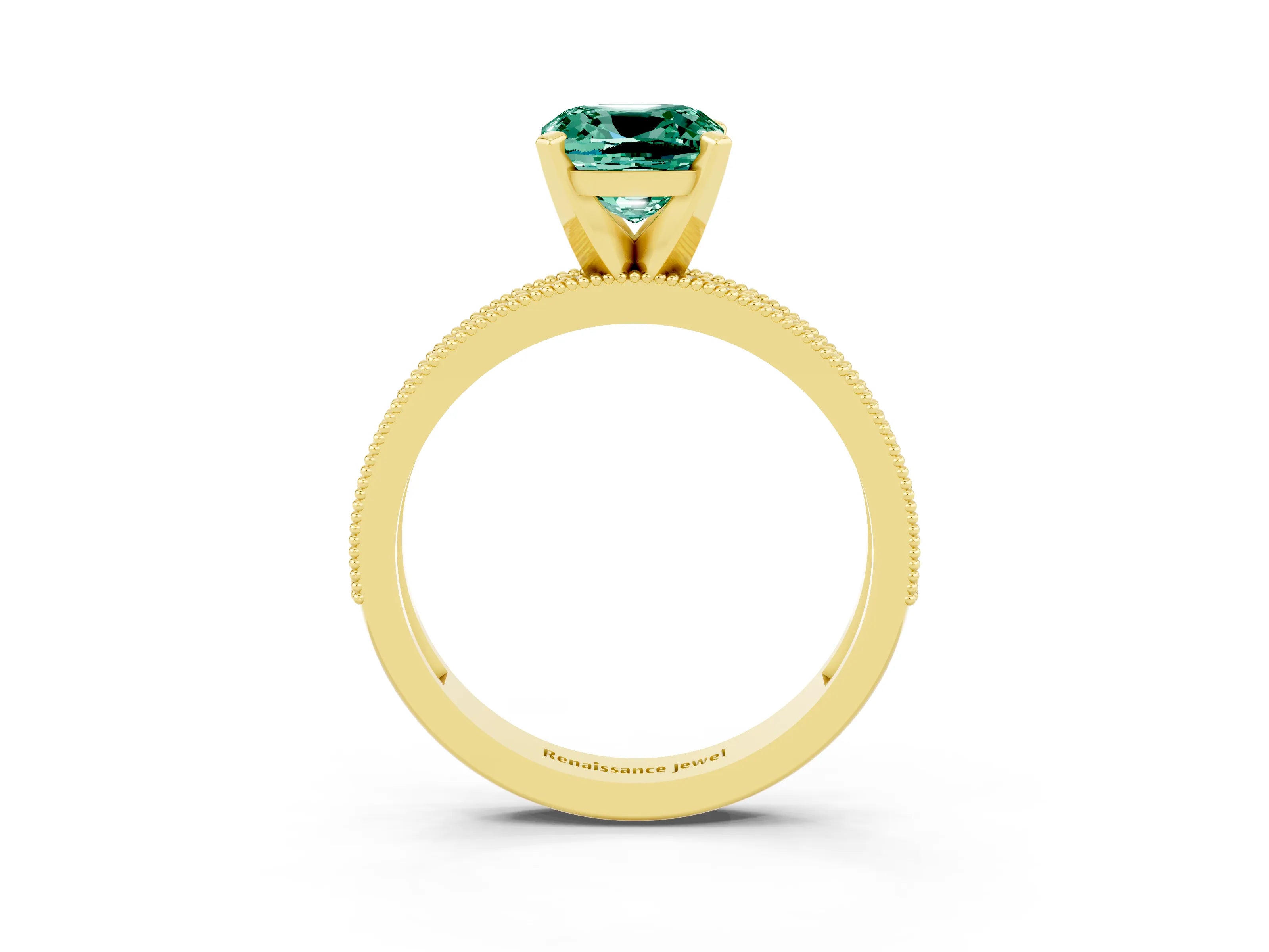 Yellow gold Cushion Cut Green Sapphire Milgrain Pavé Engagement Ring with Four-Prong Setting_15