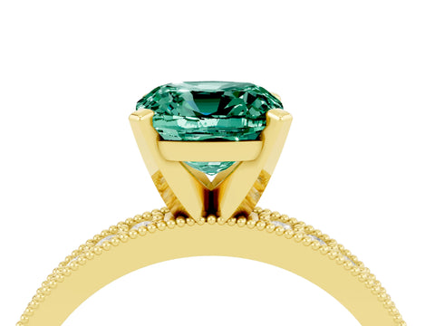 Yellow gold Cushion Cut Green Sapphire Milgrain Pavé Engagement Ring with Four-Prong Setting_16