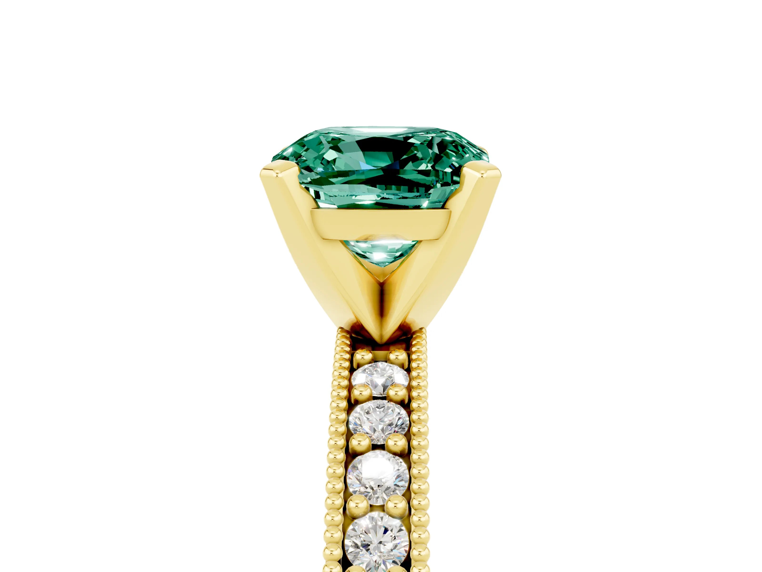 Yellow gold Cushion Cut Green Sapphire Milgrain Pavé Engagement Ring with Four-Prong Setting_17