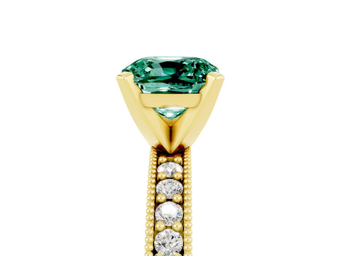 Yellow gold Cushion Cut Green Sapphire Milgrain Pavé Engagement Ring with Four-Prong Setting_17