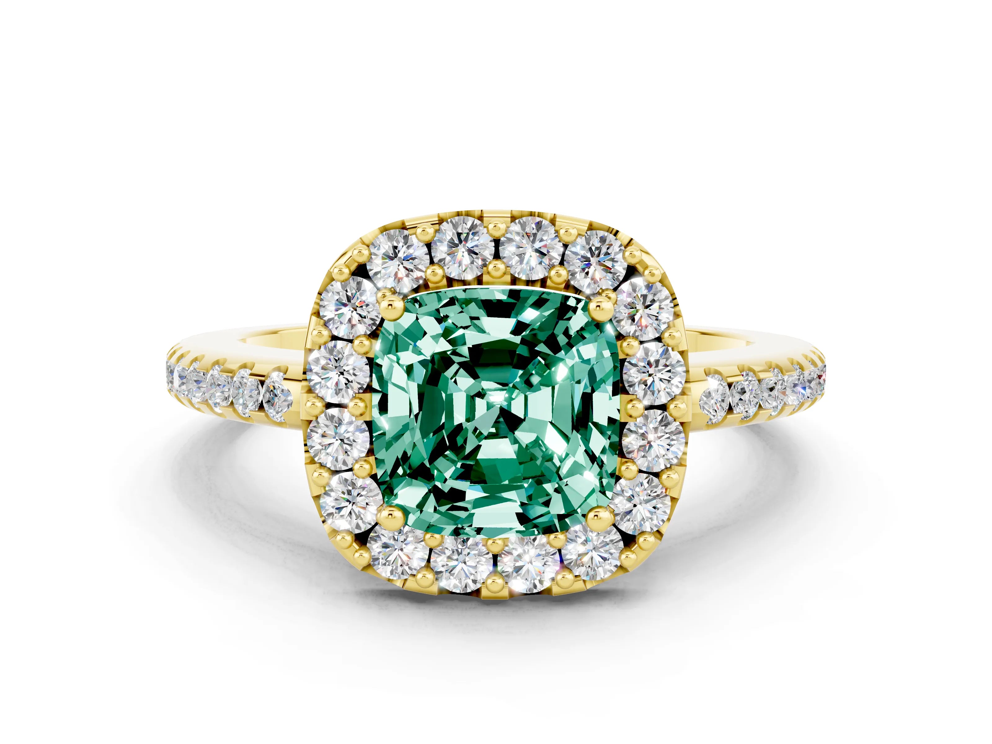 Yellow gold Cushion Cut Green Sapphire Pavé Halo Ring with Four-Prong Setting_12