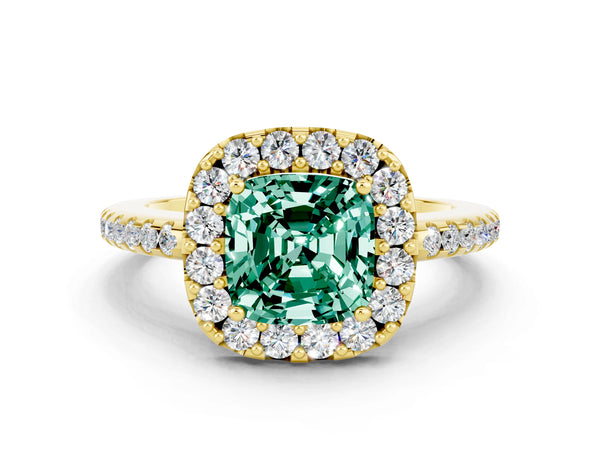 Yellow gold Cushion Cut Green Sapphire Pavé Halo Ring with Four-Prong Setting
