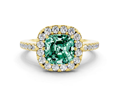 Yellow gold Cushion Cut Green Sapphire Pavé Halo Ring with Four-Prong Setting_12