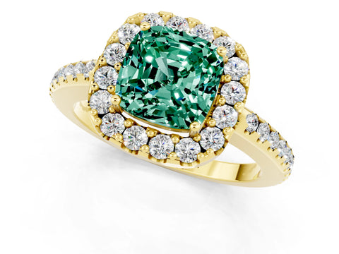 Yellow gold Cushion Cut Green Sapphire Pavé Halo Ring with Four-Prong Setting_13