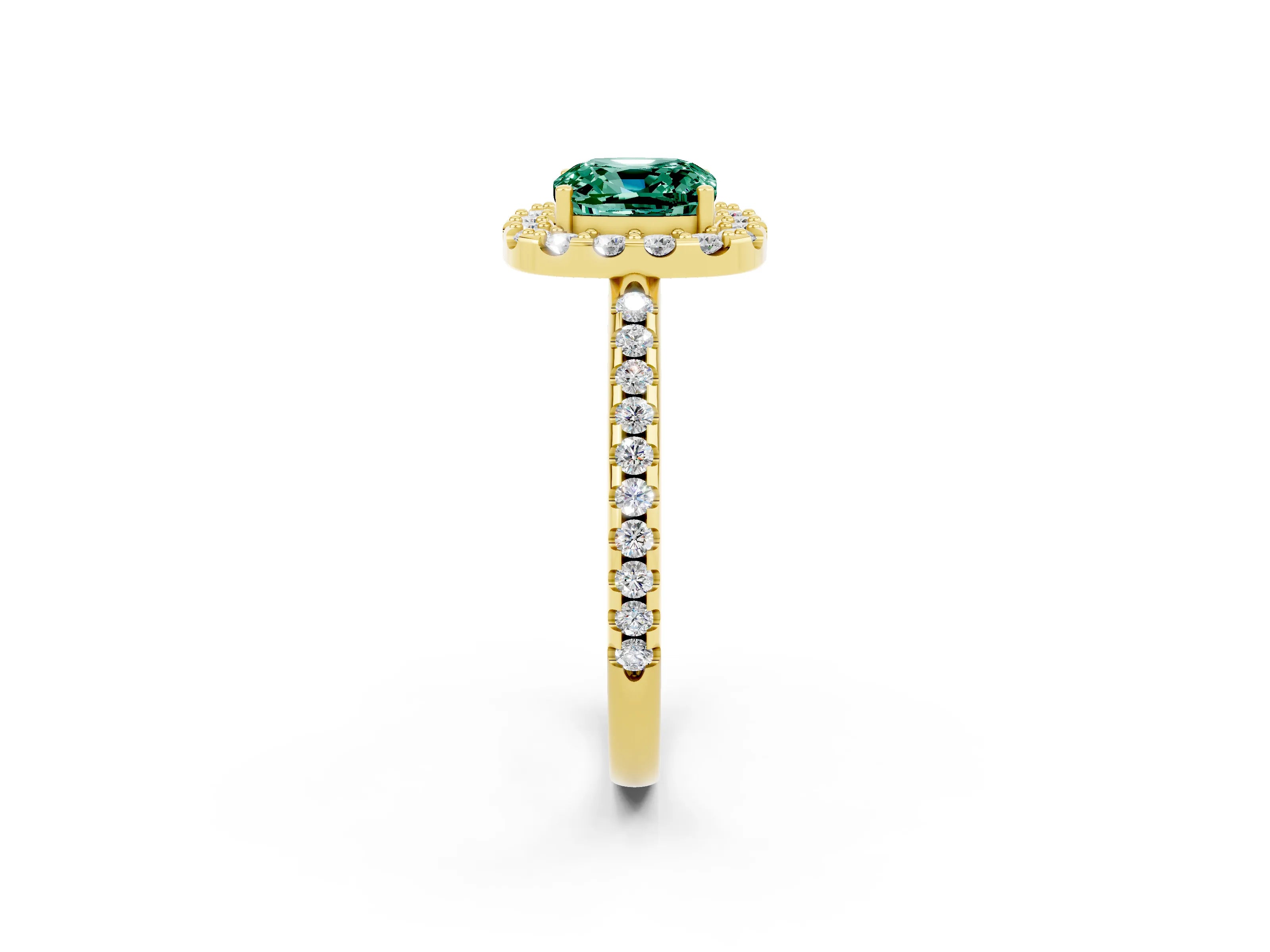 Yellow gold Cushion Cut Green Sapphire Pavé Halo Ring with Four-Prong Setting_14