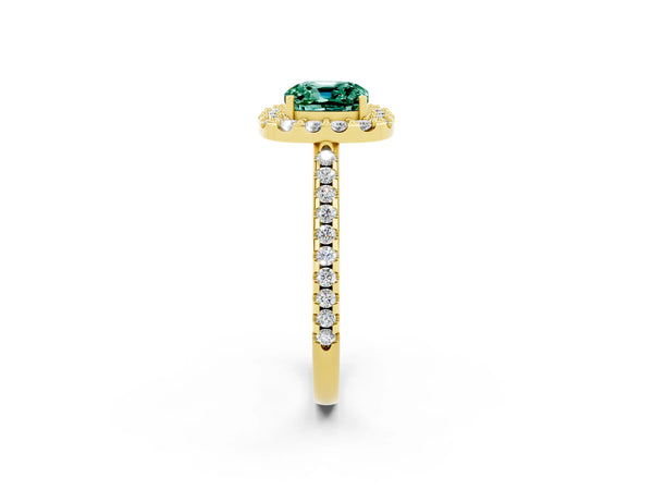 Yellow gold Cushion Cut Green Sapphire Pavé Halo Ring with Four-Prong Setting