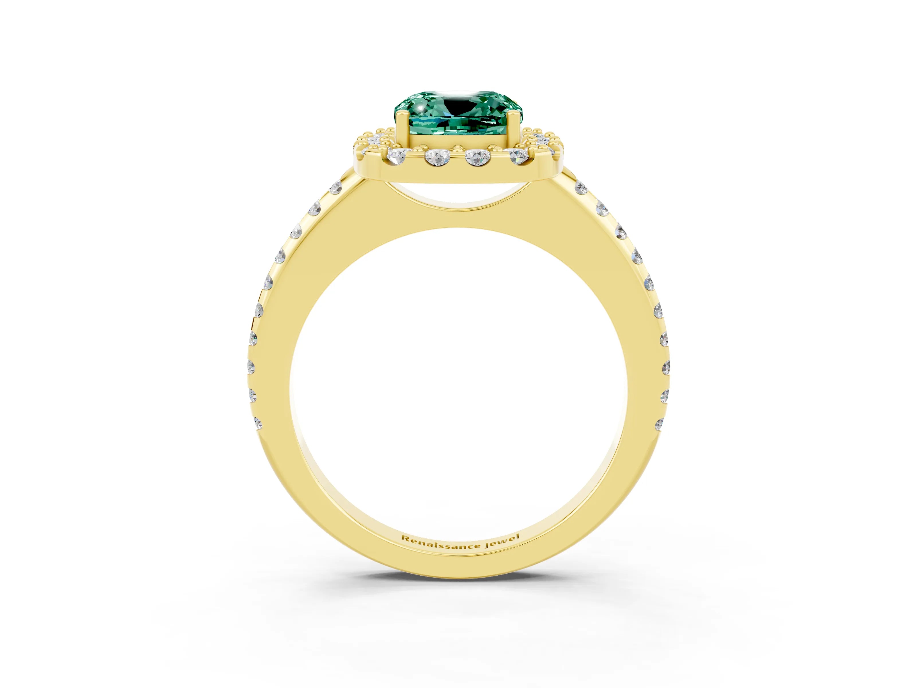 Yellow gold Cushion Cut Green Sapphire Pavé Halo Ring with Four-Prong Setting_15